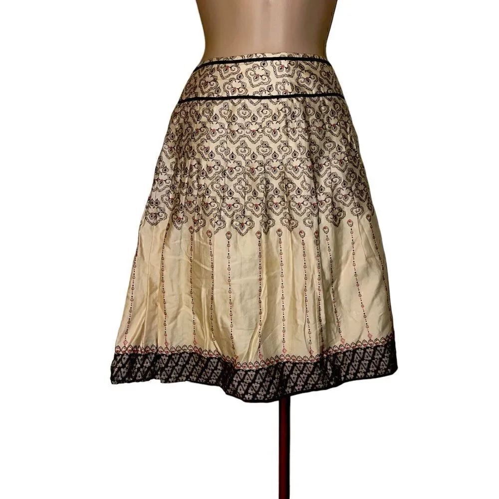 ANN TAYLOR LOFT Lined Pleated Print Skirt Tan Brown Pink